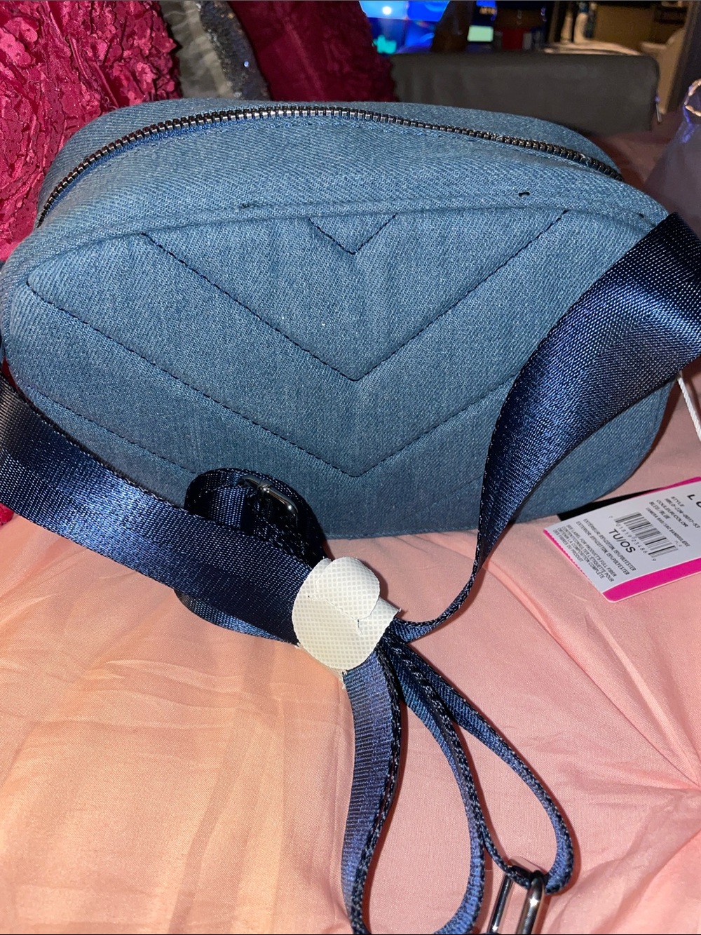 Quilted Denim Crossbody Bag in Blue with Navy Strap